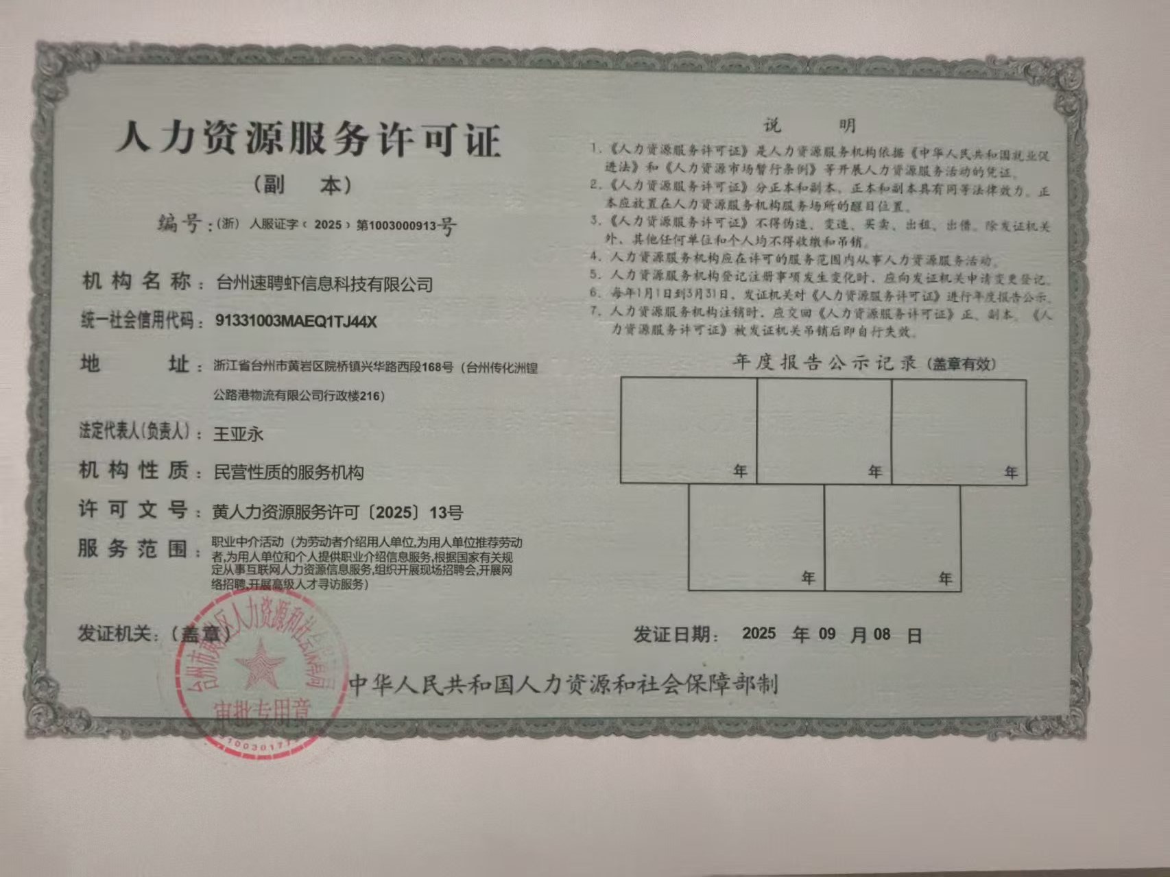人力资源服务许可证示例